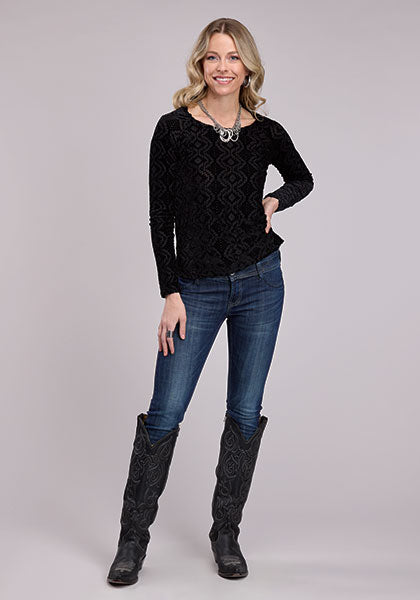 Roper Women's L/S Mesh Velour Burnout Top in Black