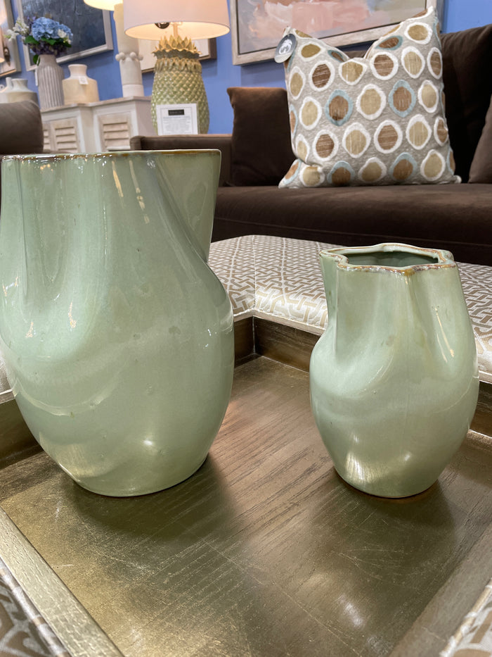 SET OF 2 SAGE GREEN VASES WAVY FLUTED RIM