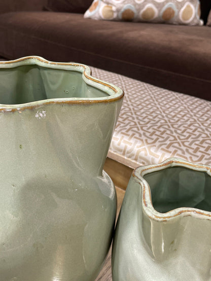 SET OF 2 SAGE GREEN VASES WAVY FLUTED RIM