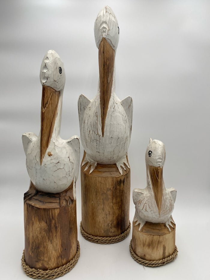 SET OF 3 CARVED WOOD PELICANS