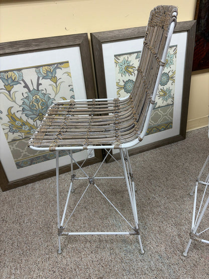 SET OF 3 COUNTER STOOLS WHITE WASHED RATTAN SEAT METAL FRAME