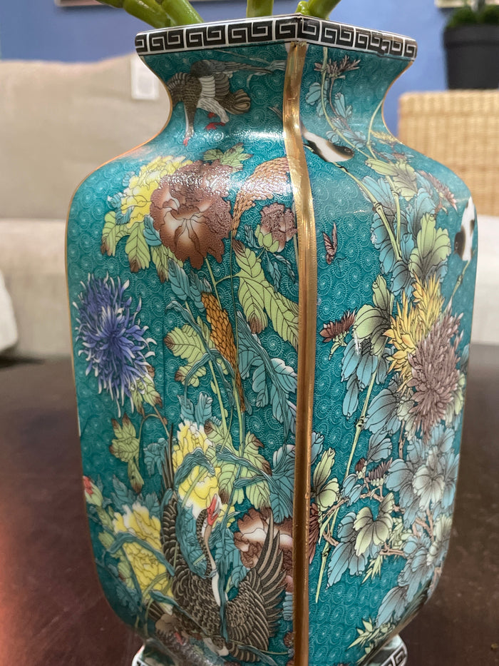 SILK ORCHIDS IN TURQUOISE FLORAL VASE