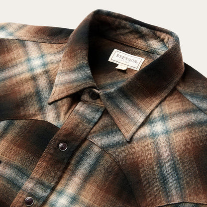 Stetson Men's L/S Ombre Plaid Western Snap Shirt in Dark Brown