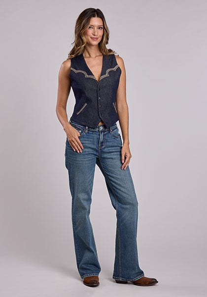 Stetson Women's Dark Wash Embroidered Stretch Denim Snap Vest