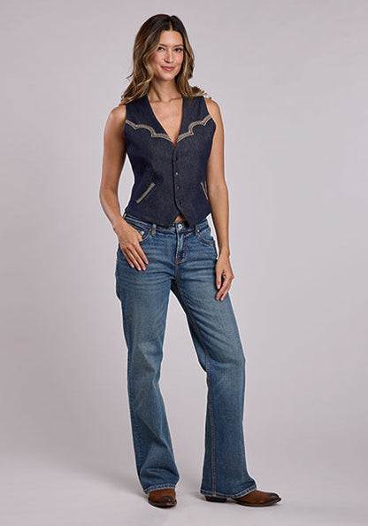 Stetson Women's Dark Wash Embroidered Stretch Denim Snap Vest