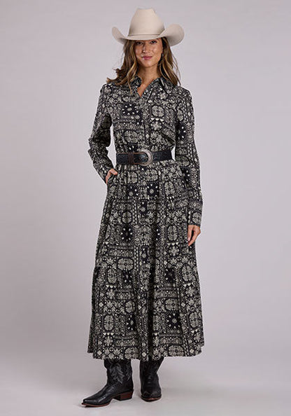 Stetson Women's L/S Bandana Patchwork Tiered Maxi Dress in Black