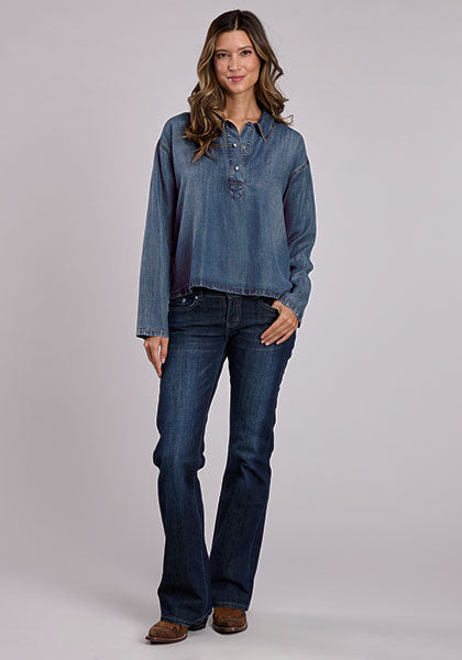 Stetson Women's L/S Embroidered Western Denim Half Snap Pullover