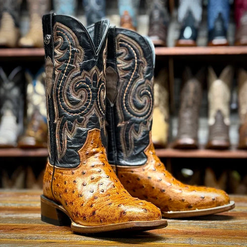 Tanner Mark Men's Rustic Embossed Ostrich Print Western Boot in Cognac