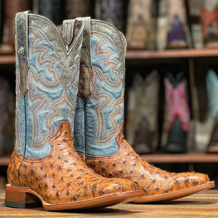 Tanner Mark Men's Van Zandt Imitation Ostrich Boot in Rustic Cognac