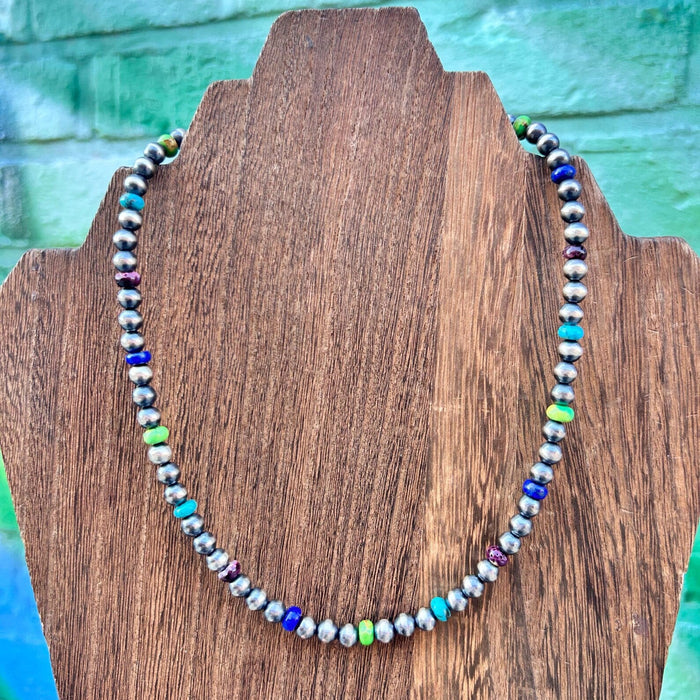 Thunder & Stone 16" Green, Blue, & Purple Mixed Stone & Sterling Silver Pearl Necklace