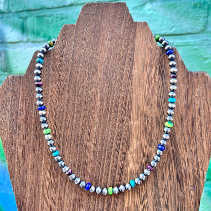 Thunder & Stone 16" Green, Blue, & Purple Mixed Stone & Sterling Silver Pearl Necklace
