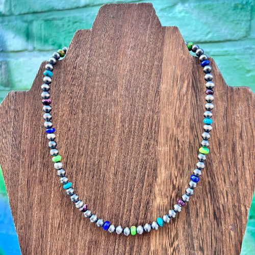Thunder & Stone 16" Green, Blue, & Purple Mixed Stone & Sterling Silver Pearl Necklace