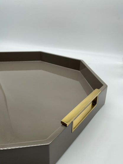 TRAY OCTAGON TAUPE WITH GOLD HANDLES