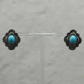 Turquoise Stone Silver Floral Post Earrings