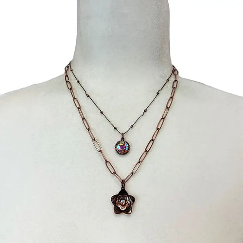 Two Strand Iridescent Crystal Copper Charm Necklace
