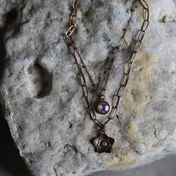 Two Strand Iridescent Crystal Copper Charm Necklace
