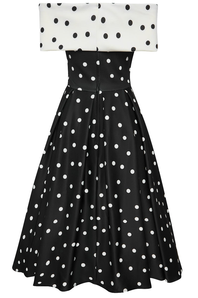 Beverly Cross-Over-Off the Shoulder Swing Dress Black-White Polka Dots
