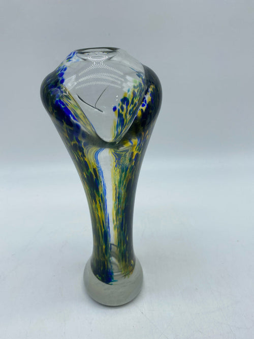 VASE BLOWN GLASS BLUE & YELLOW SIGNED