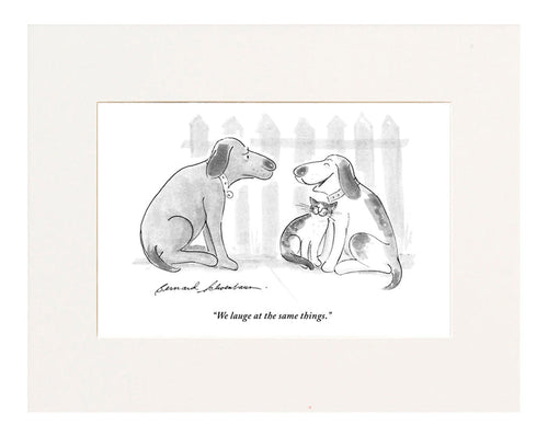 "We laugh at the same things." (Dog, with cat cuddled up to him, to another, heartbroken dog.)