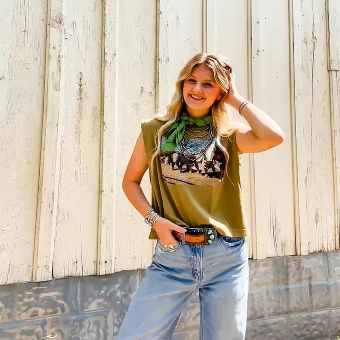 Women's Herd of Herefords Graphic Muscle Tee in Olive
