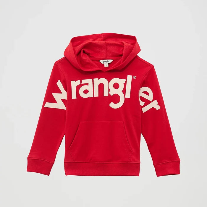 Wrangler Girl's Bold Logo Pullover Hoodie in Fire Red