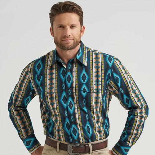 Wrangler Men's Checotah L/S Western Snap Shirt in Turquoise Belt (Available in Regular & Tall Sizes)