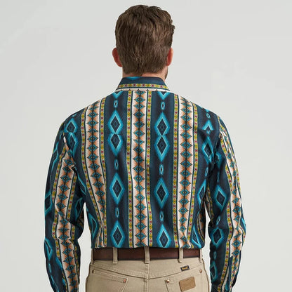 Wrangler Men's Checotah L/S Western Snap Shirt in Turquoise Belt (Available in Regular & Tall Sizes)