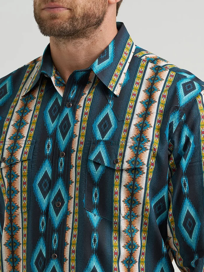 Wrangler Men's Checotah L/S Western Snap Shirt in Turquoise Belt (Available in Regular & Tall Sizes)
