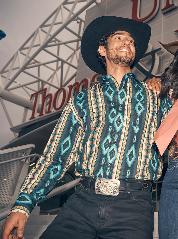 Wrangler Men's Checotah L/S Western Snap Shirt in Turquoise Belt (Available in Regular & Tall Sizes)