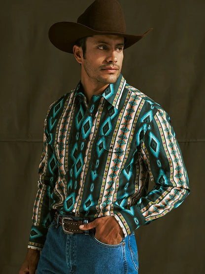 Wrangler Men's Checotah L/S Western Snap Shirt in Turquoise Belt (Available in Regular & Tall Sizes)