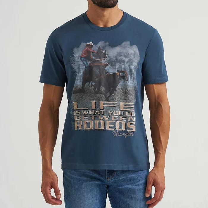 Wrangler Men's S/S Reissue Between Rodeos Graphic Tee in Rodeo Navy