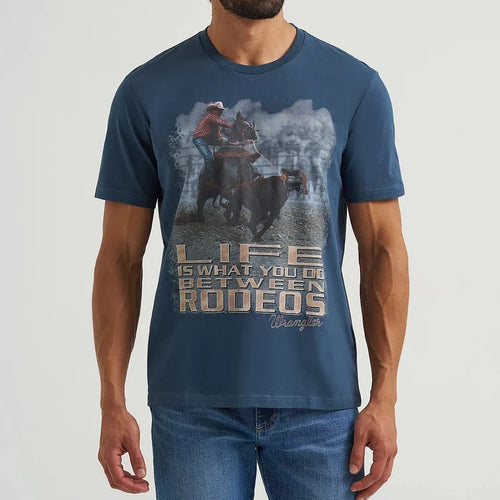 Wrangler Men's S/S Reissue Between Rodeos Graphic Tee in Rodeo Navy