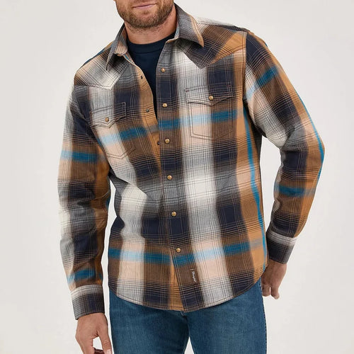 Wrangler Retro Premium Men's L/S Western Plaid Snap Shirt in Bold Brown