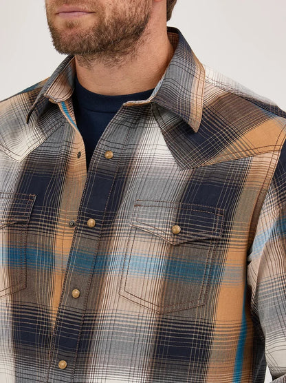 Wrangler Retro Premium Men's L/S Western Plaid Snap Shirt in Bold Brown