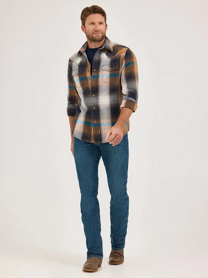 Wrangler Retro Premium Men's L/S Western Plaid Snap Shirt in Bold Brown