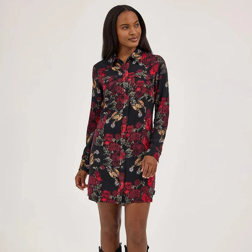 Wrangler Retro Women's L/S Floral Western Snap Mini Dress in Black