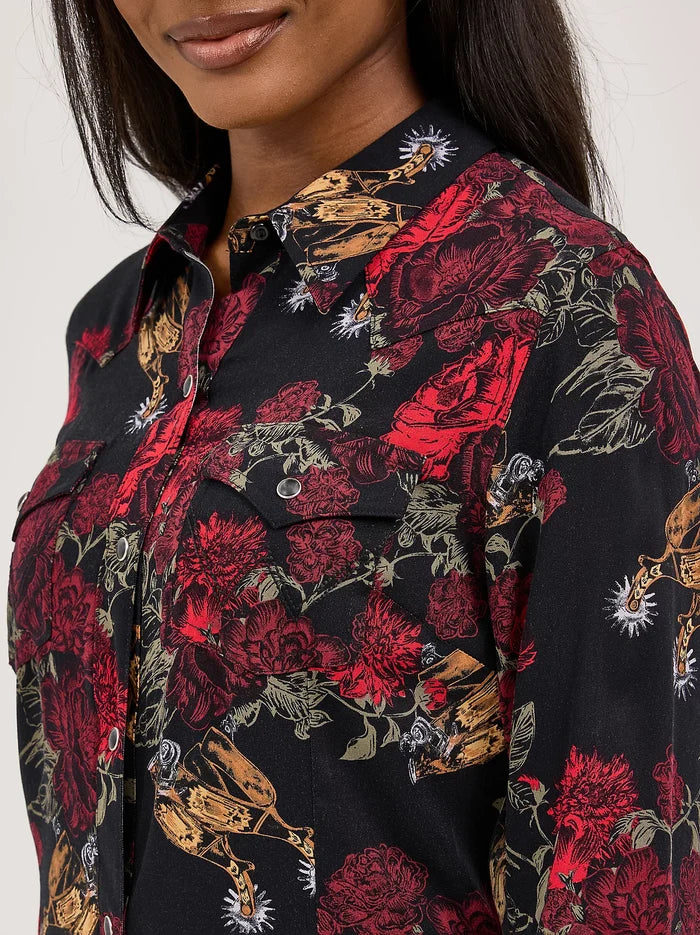 Wrangler Retro Women's L/S Floral Western Snap Mini Dress in Black