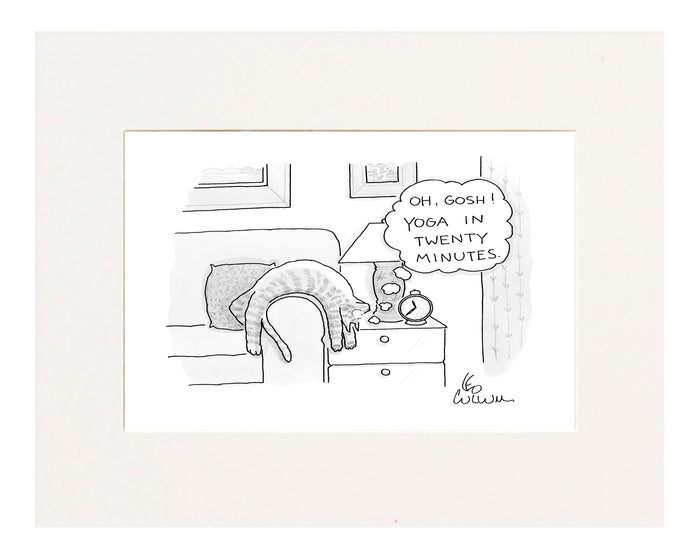 Oh, gosh! Yoga in twenty minutes.” (An upside down lounging cat sees the clock and thinks to himself “Oh, gosh! Yoga in twenty minutes”.